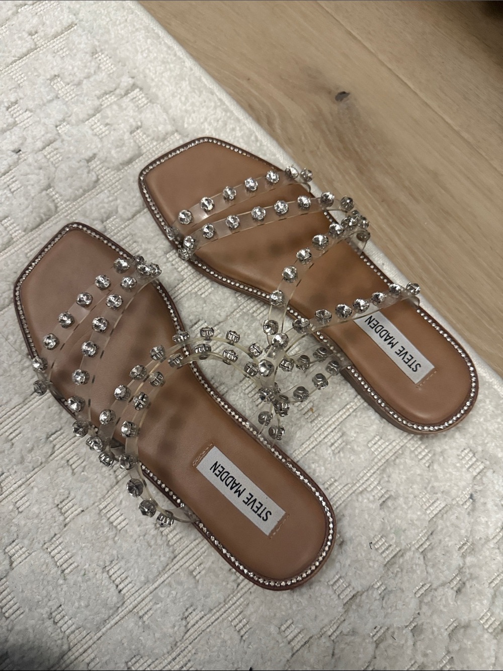 Steve Madden Clear Jewel-Embellished Tan Slide Sandals